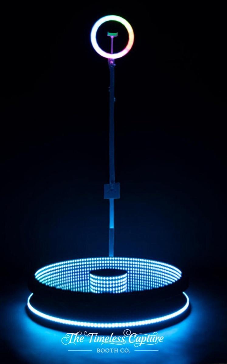 The Infinite 360 photo booth with glowing LED ring light, available for rental in Philadelphia