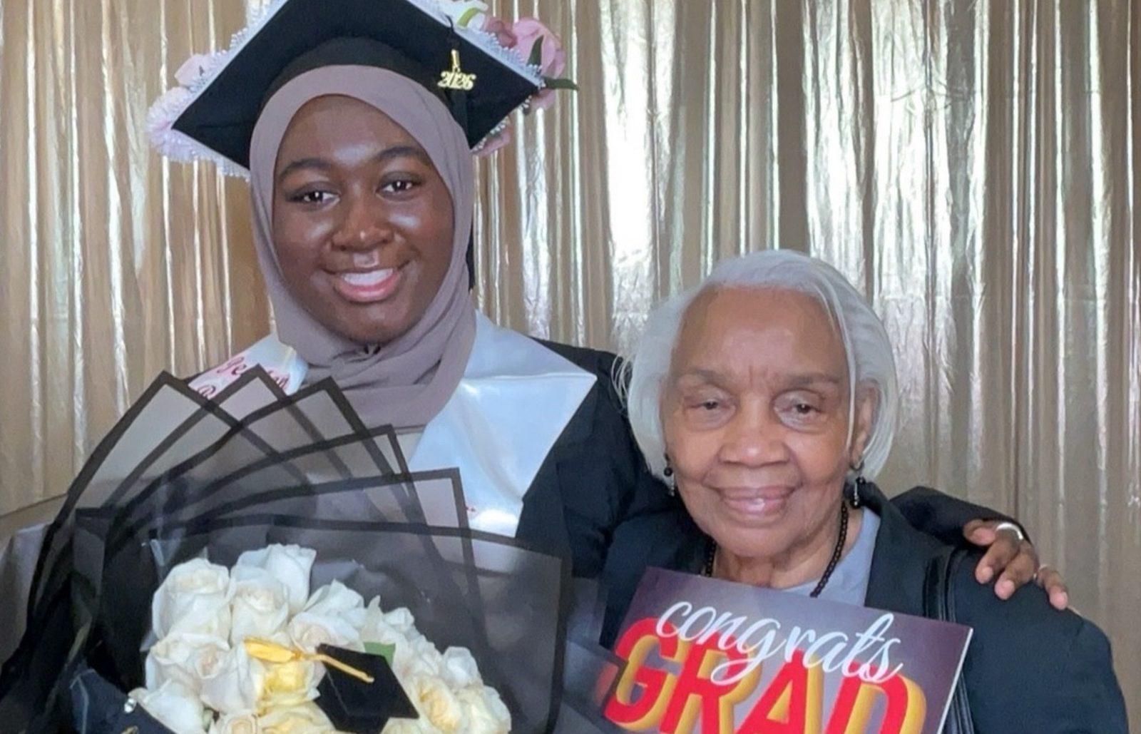 Graduate and her grandmother celebrating at a Philadelphia graduation photo booth